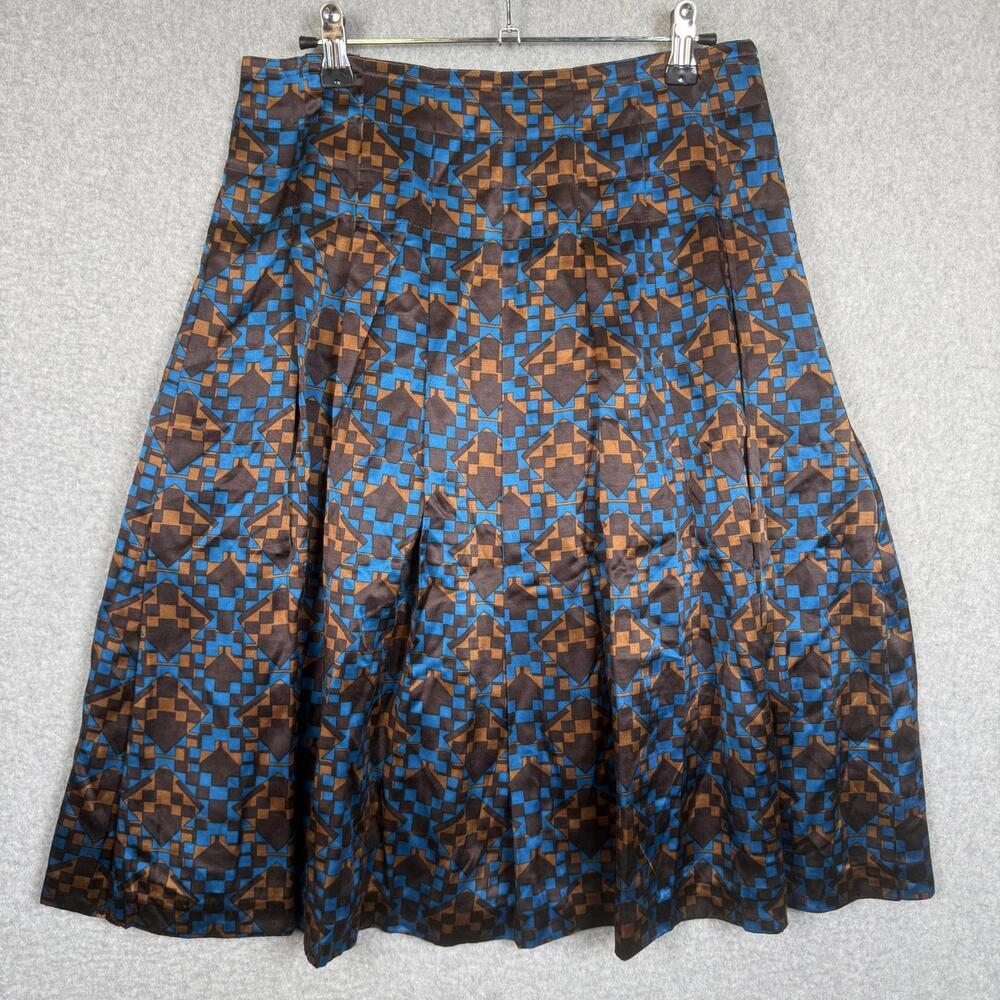 DKNY City Silk Skirt Size 6 Blue-Brown-Cinnamon Geometric Design Midi - Picture 5 of 8
